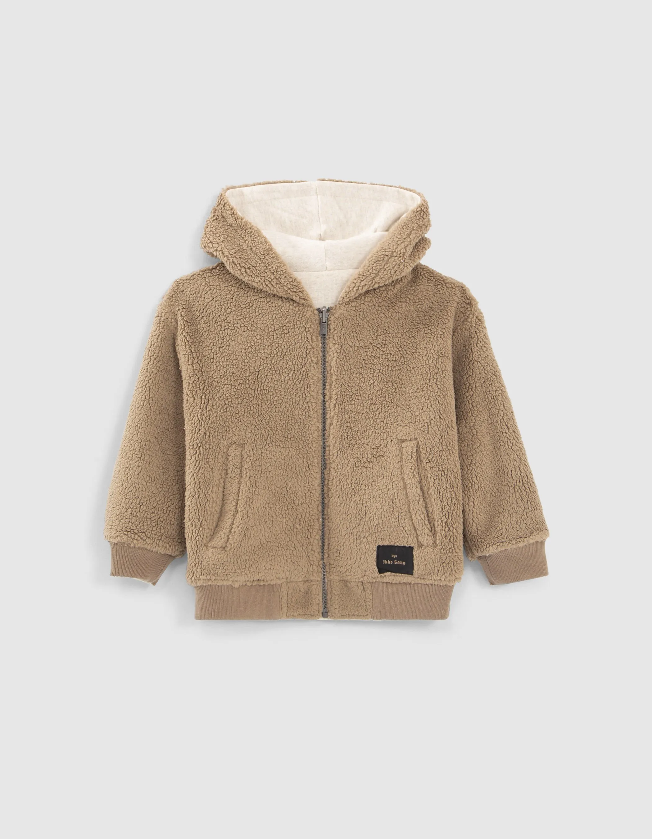 Reversible Ivory Sherpa and Mocha Fleece Boy's Cardigan