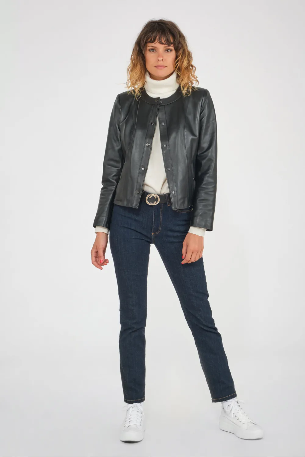 Cesare Nori - ANNE CLAIRE - Black Short High Neck Leather Jacket