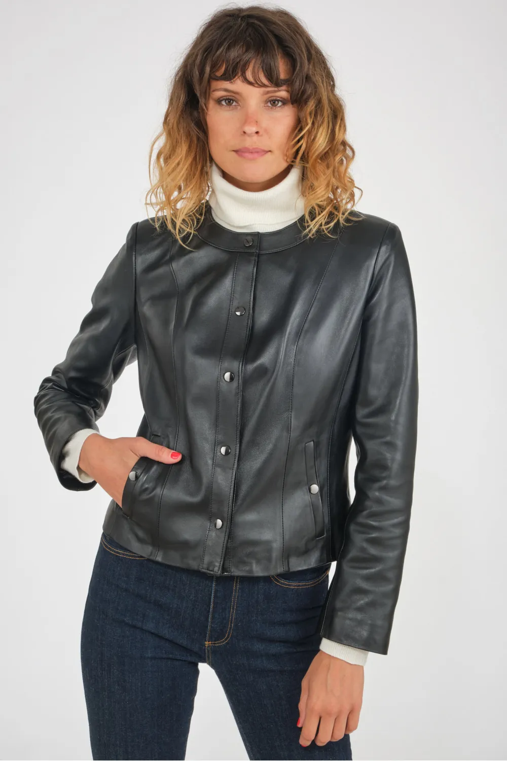 Cesare Nori - ANNE CLAIRE - Black Short High Neck Leather Jacket