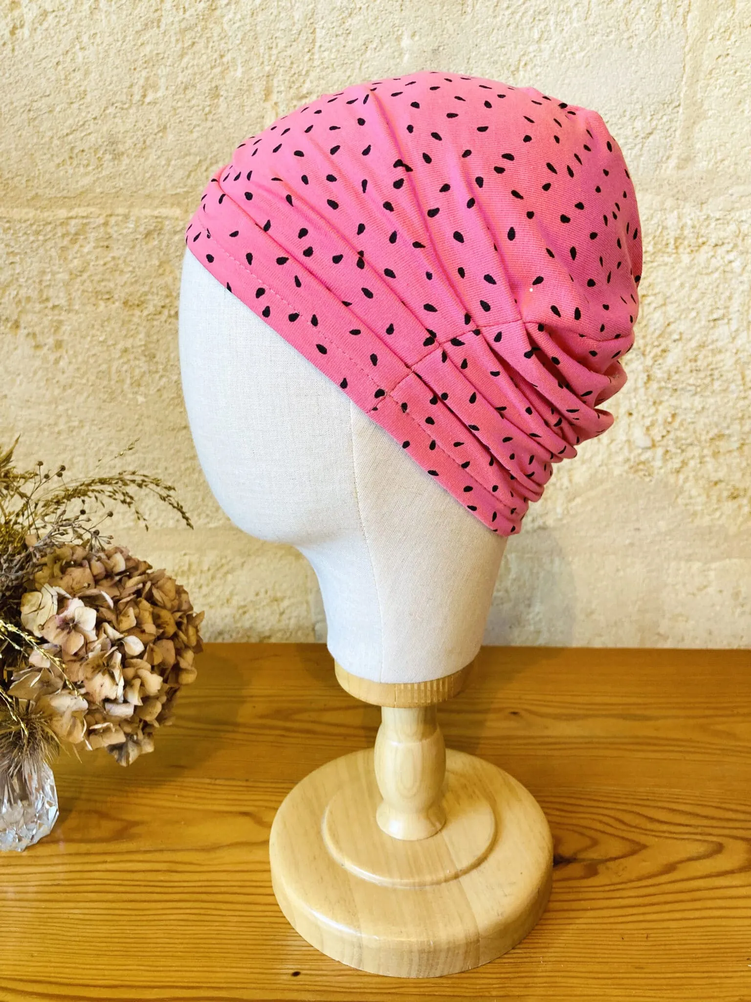 Chemotherapy hat for alopecia in pink polka dots Oeko-tex