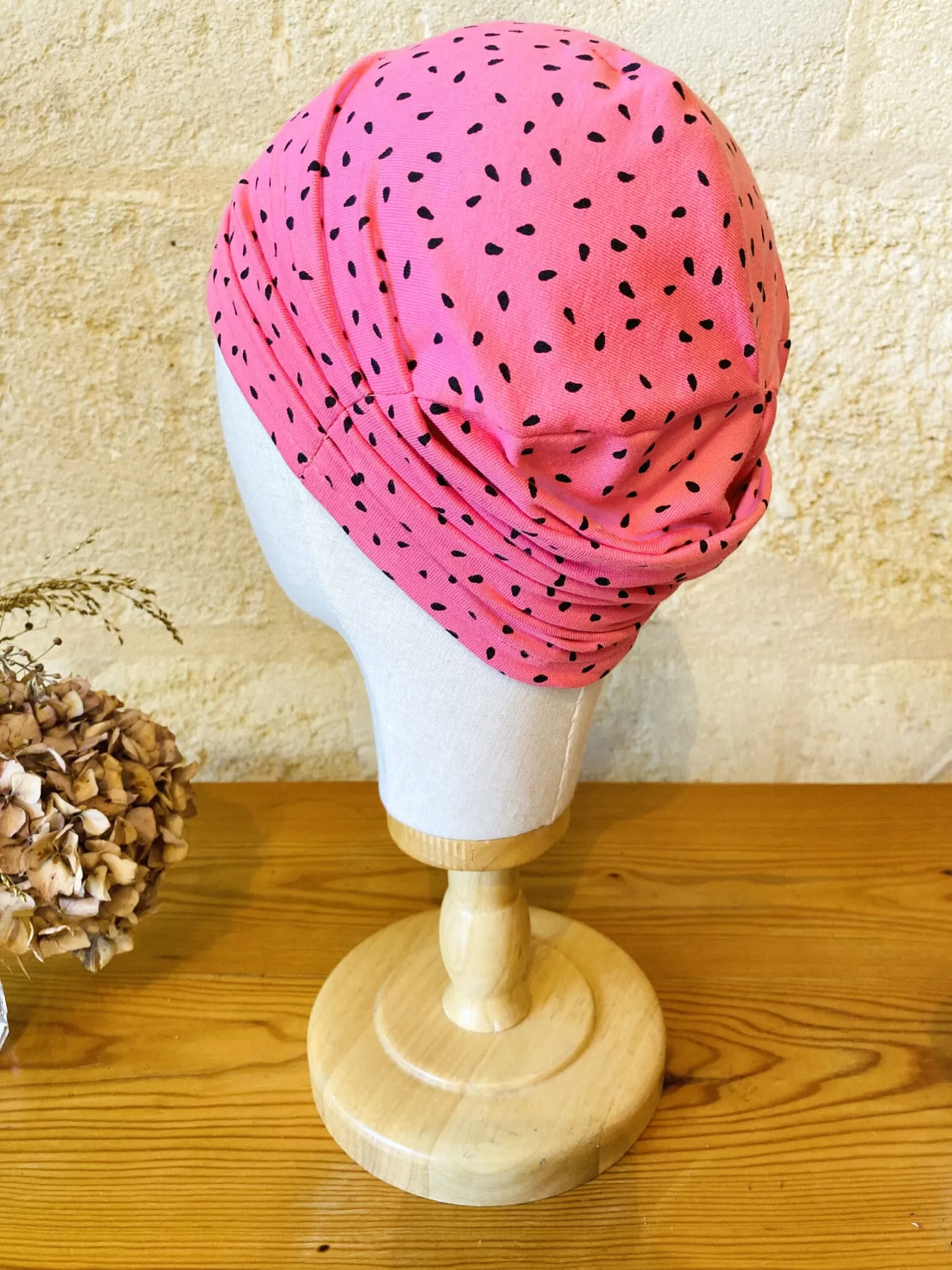 Chemotherapy hat for alopecia in pink polka dots Oeko-tex