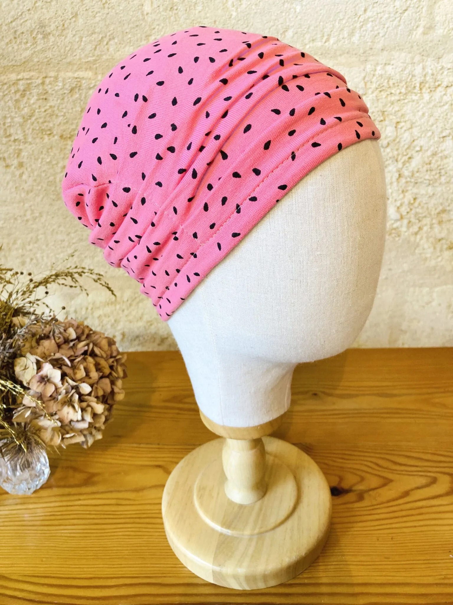 Chemotherapy hat for alopecia in pink polka dots Oeko-tex