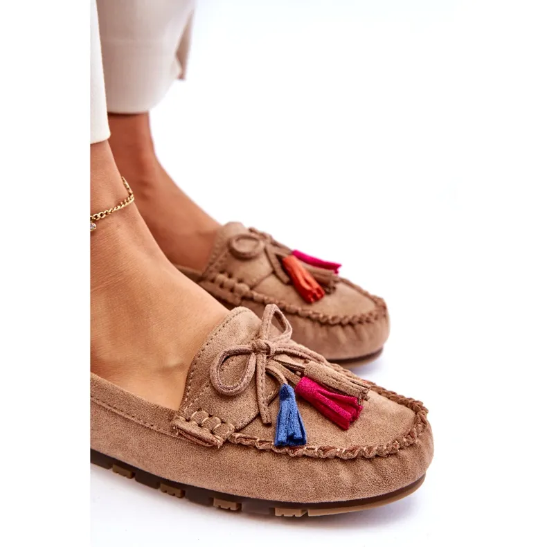 Dark Beige Suede Seastar Moccasins with Knots and Tassels - Dorine