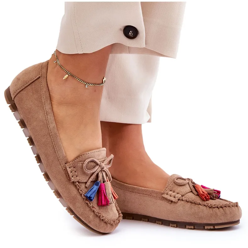 Dark Beige Suede Seastar Moccasins with Knots and Tassels - Dorine