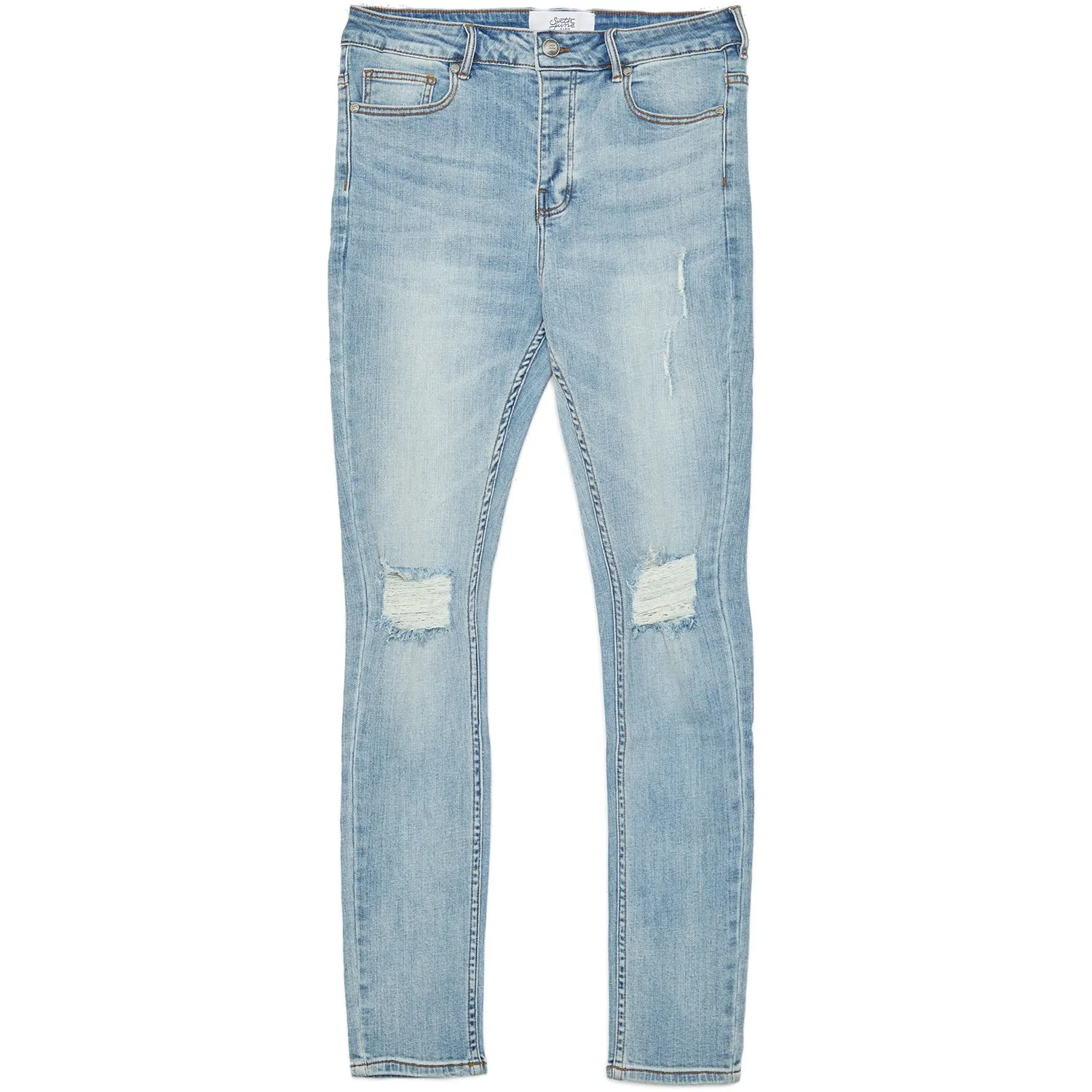 Distressed blue denim jeans