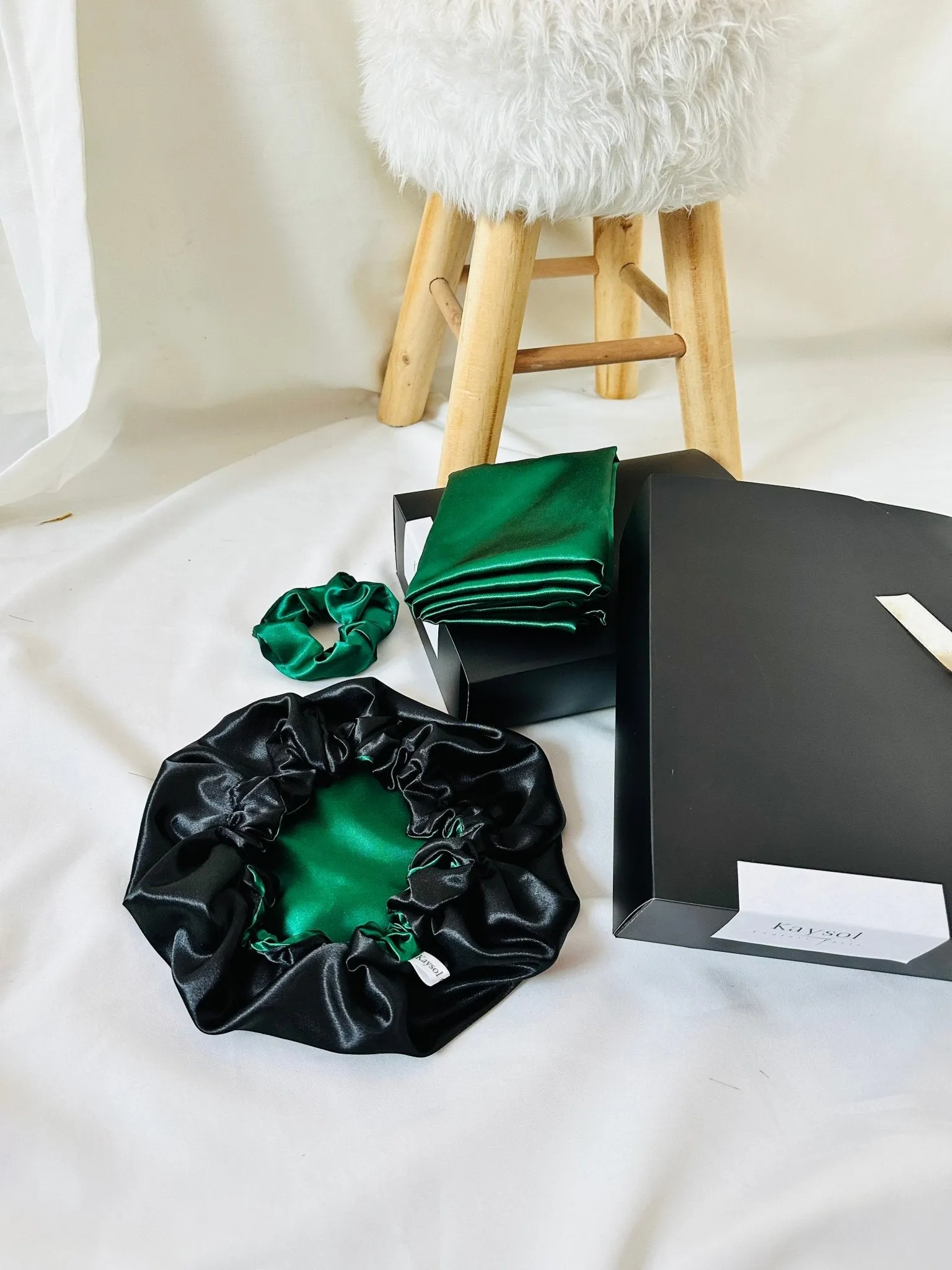 Emerald Satin Pillowcase Set with Matching Satin Bonnet and Scrunchie - Emerald Green and Black