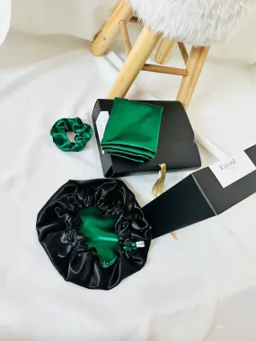 Emerald Satin Pillowcase Set with Matching Satin Bonnet and Scrunchie - Emerald Green and Black