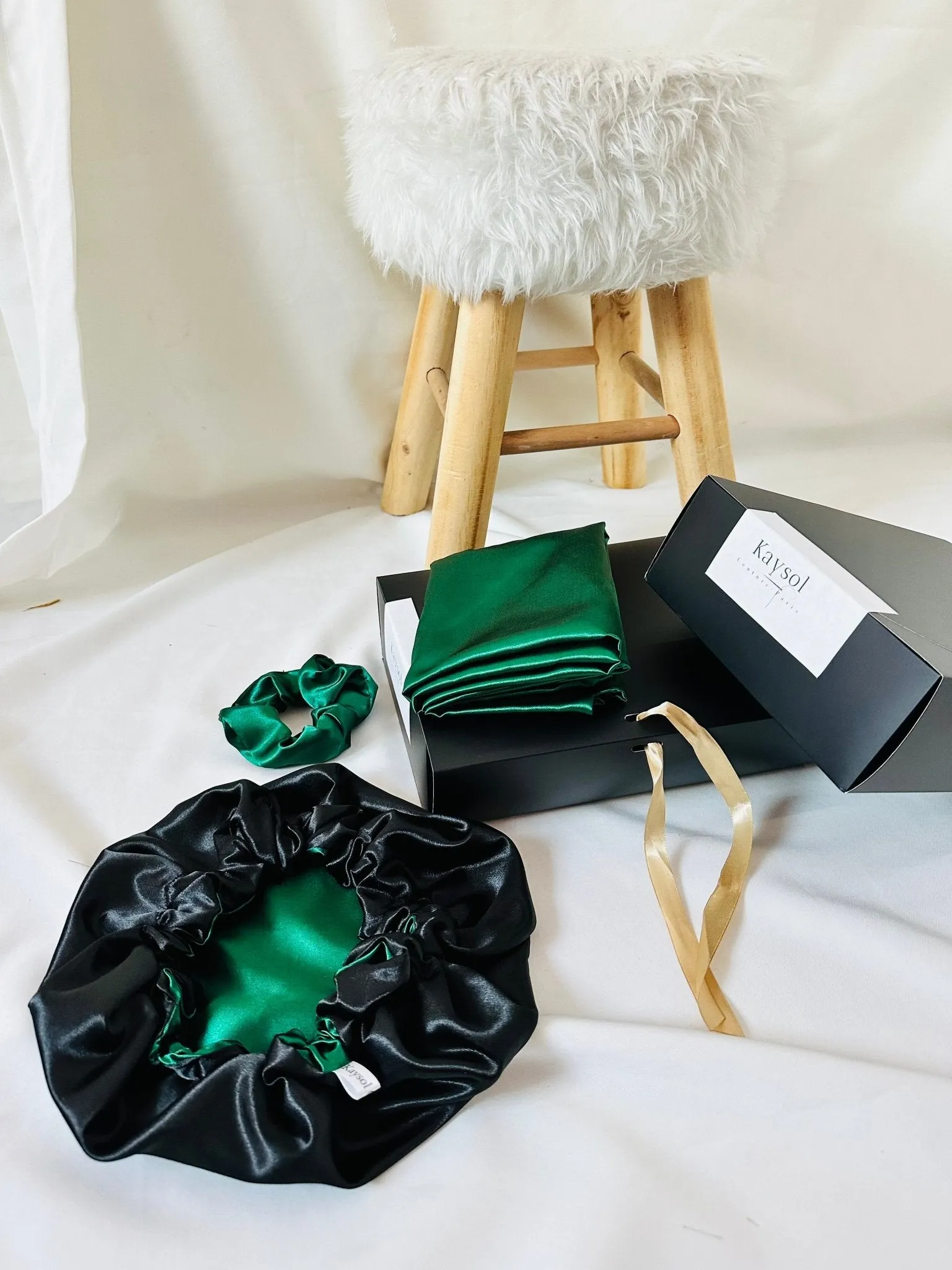 Emerald Satin Pillowcase Set with Matching Satin Bonnet and Scrunchie - Emerald Green and Black