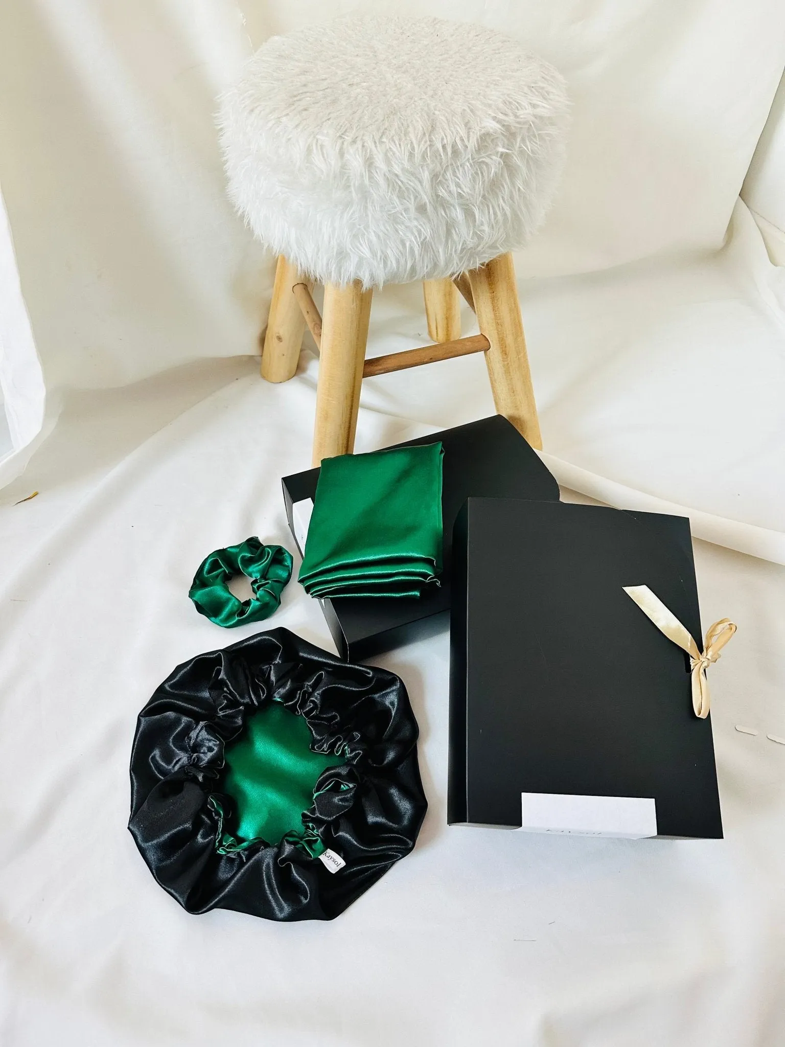 Emerald Satin Pillowcase Set with Matching Satin Bonnet and Scrunchie - Emerald Green and Black