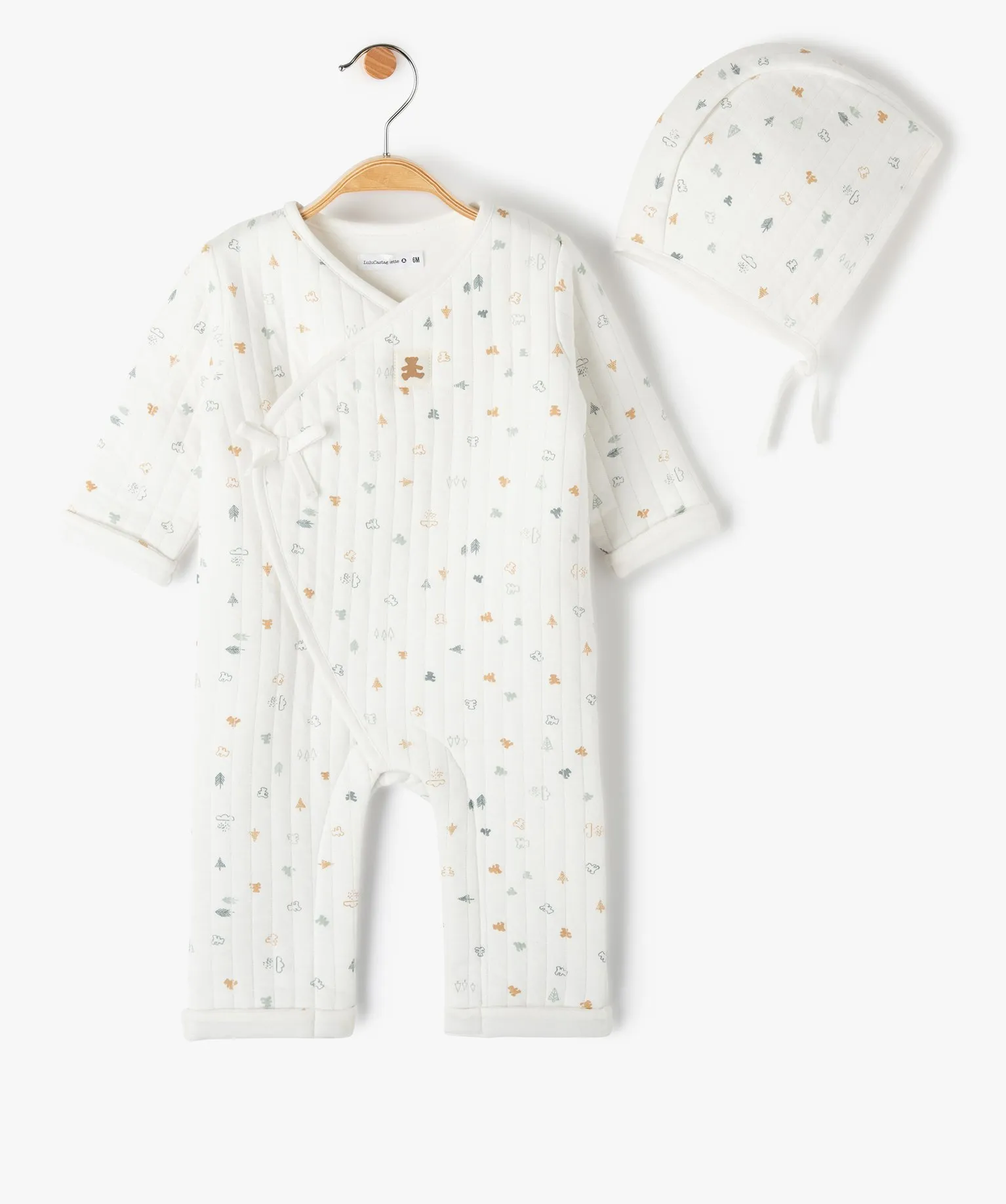 2-Piece Baby Set: Printed Jumpsuit and Bonnet - LuluCastagnette Ecru