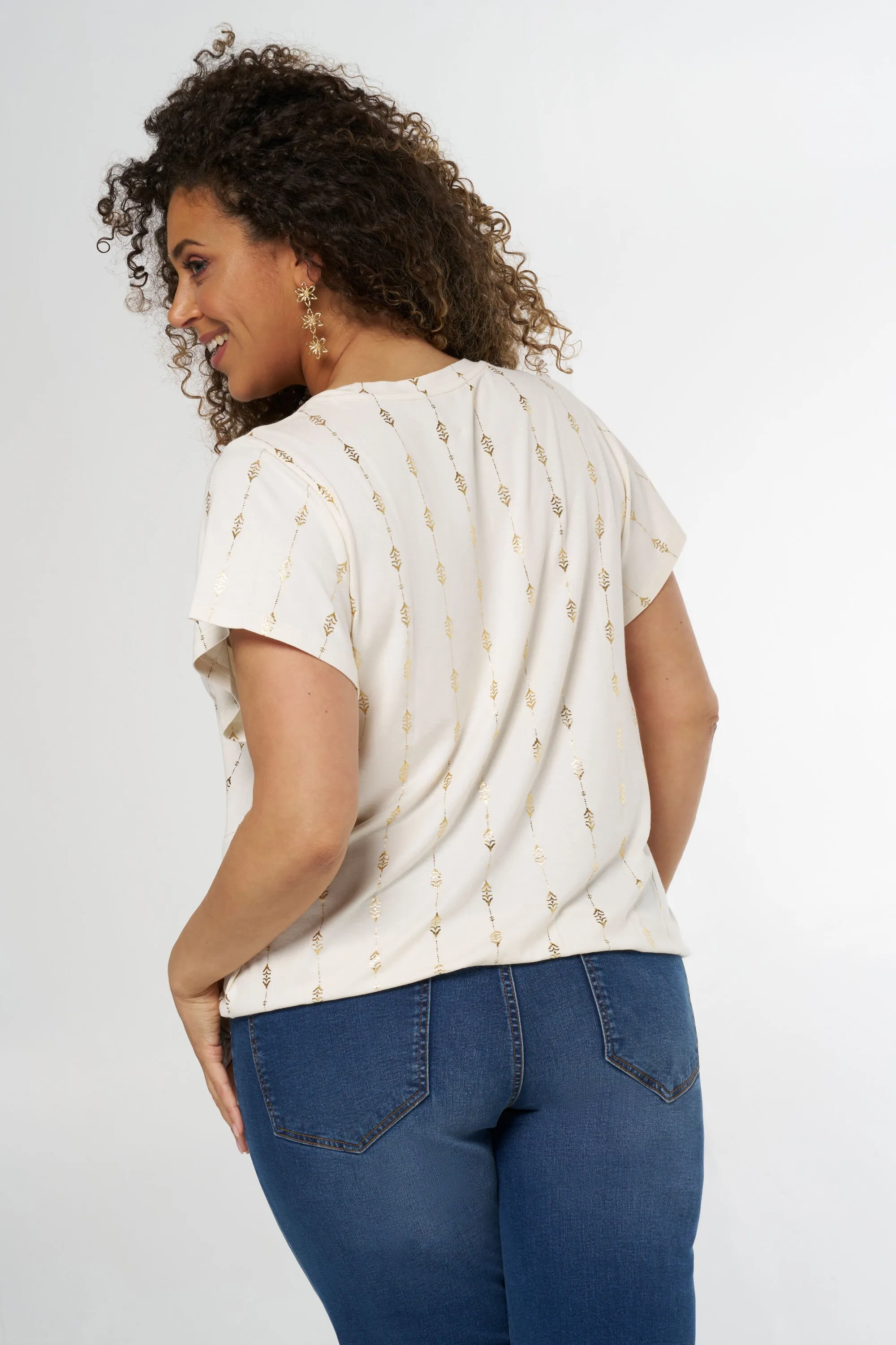 Cream Women's T-shirt with Metallic Details | MS Mode