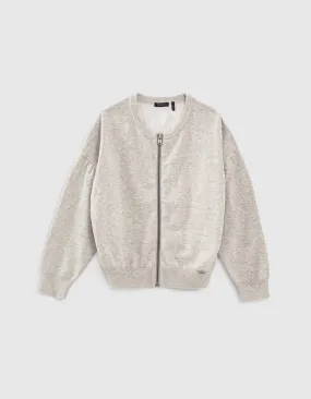 Gray heathered dual-material zip-up cardigan for girls.