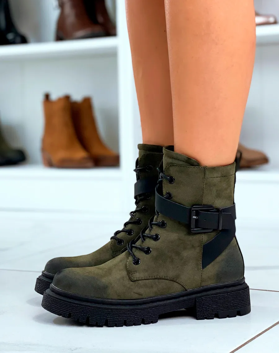 Green Lace-Up Boots with Adjustable Straps for Women