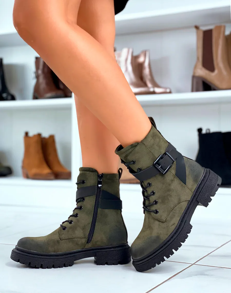 Green Lace-Up Boots with Adjustable Straps for Women