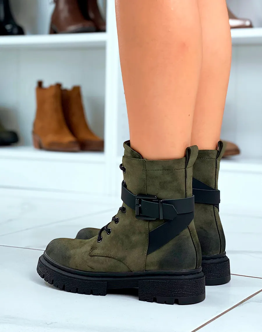 Green Lace-Up Boots with Adjustable Straps for Women