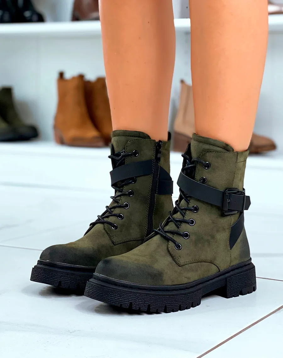 Green Lace-Up Boots with Adjustable Straps for Women