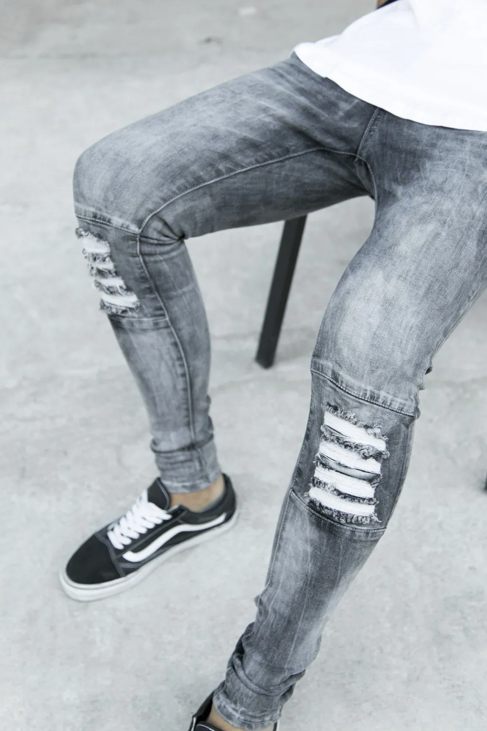 Grey Knee-Ripped Biker Jeans