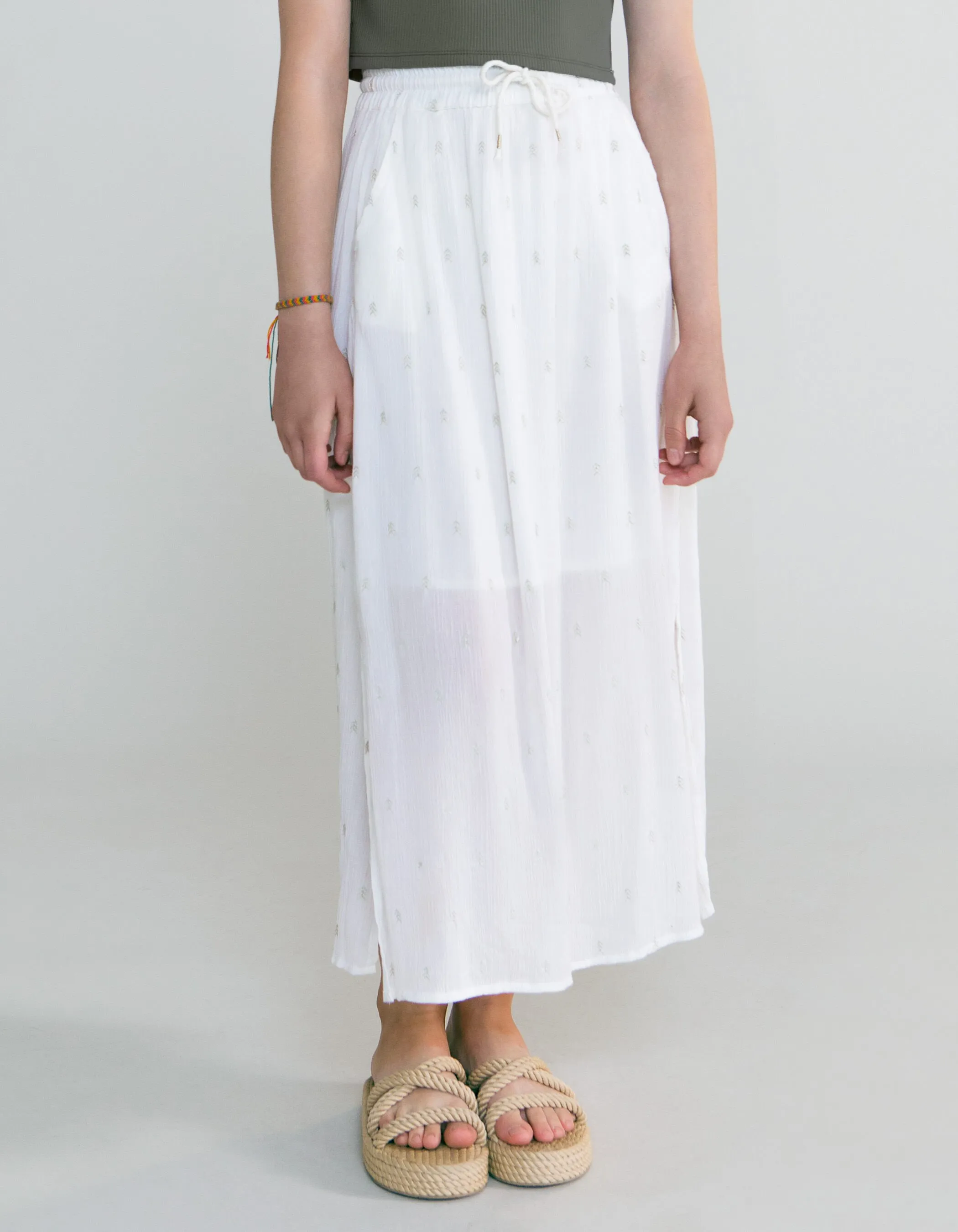 Off-White Long Skirt with Golden Embroidery for Girls