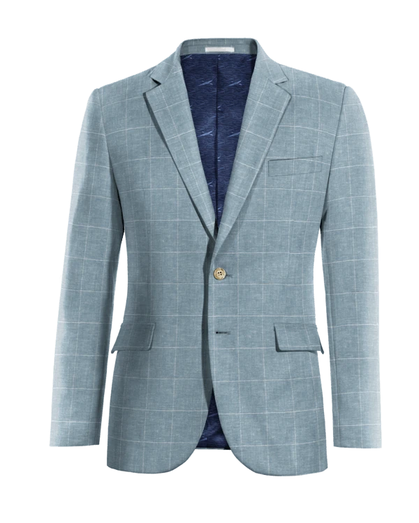 Light Blue Checkered Cotton-Linen Jacket