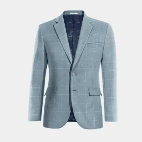 Light Blue Checkered Cotton-Linen Jacket