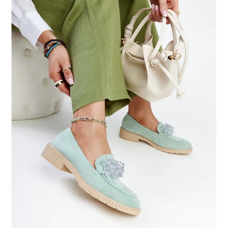 Light green suede moccasins embellished with Zemzem crystals.