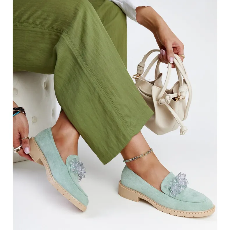 Light green suede moccasins embellished with Zemzem crystals.