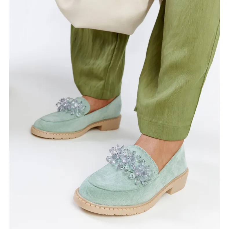 Light green suede moccasins embellished with Zemzem crystals.