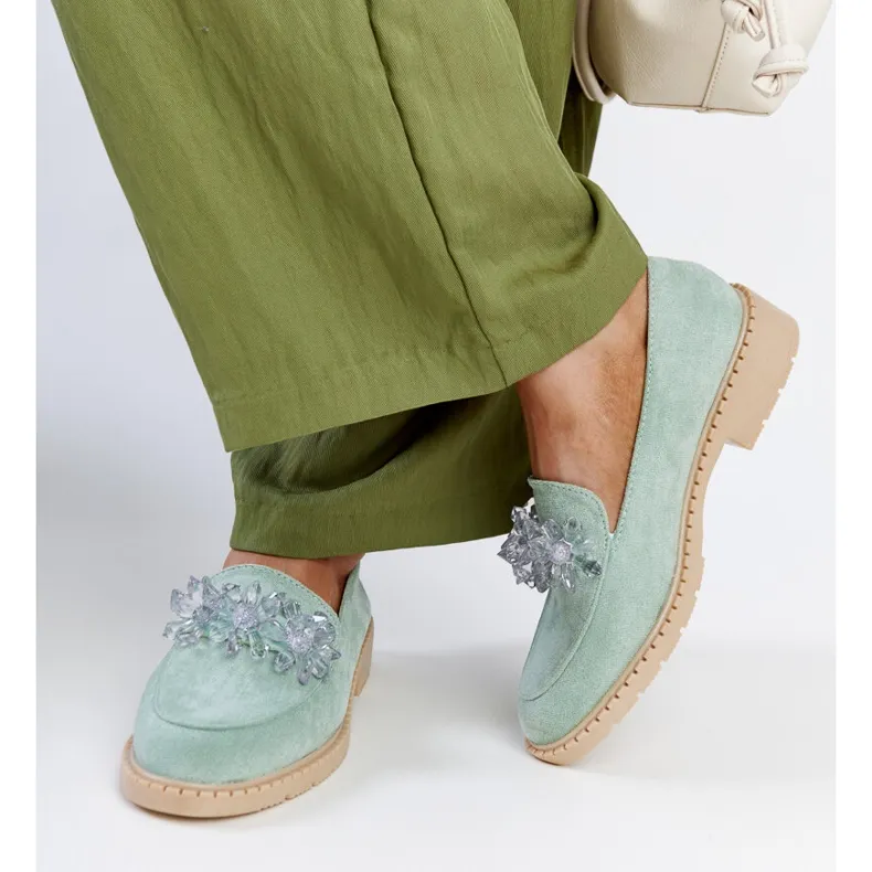 Light green suede moccasins embellished with Zemzem crystals.