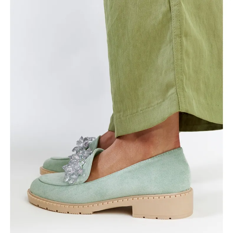 Light green suede moccasins embellished with Zemzem crystals.