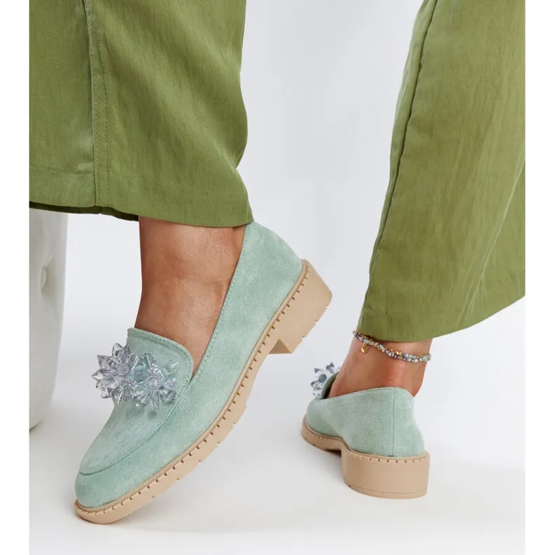 Light green suede moccasins embellished with Zemzem crystals.