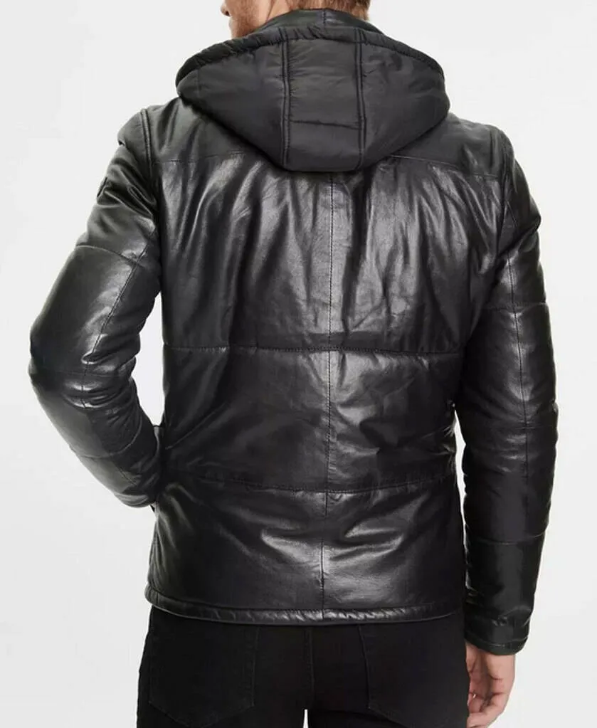 Men's Black Hooded Leather Down-Style Jacket.