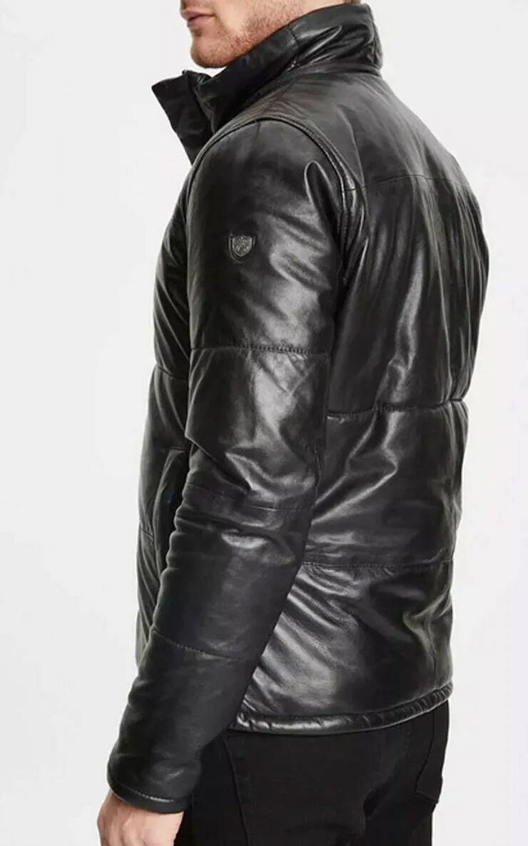 Men's Black Hooded Leather Down-Style Jacket.