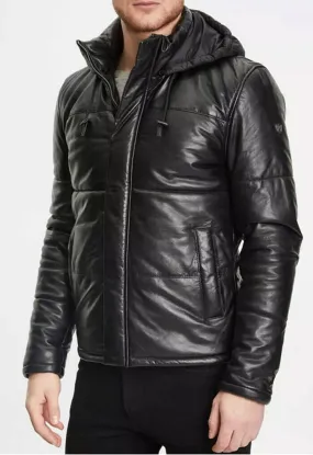 Men's Black Hooded Leather Down-Style Jacket.