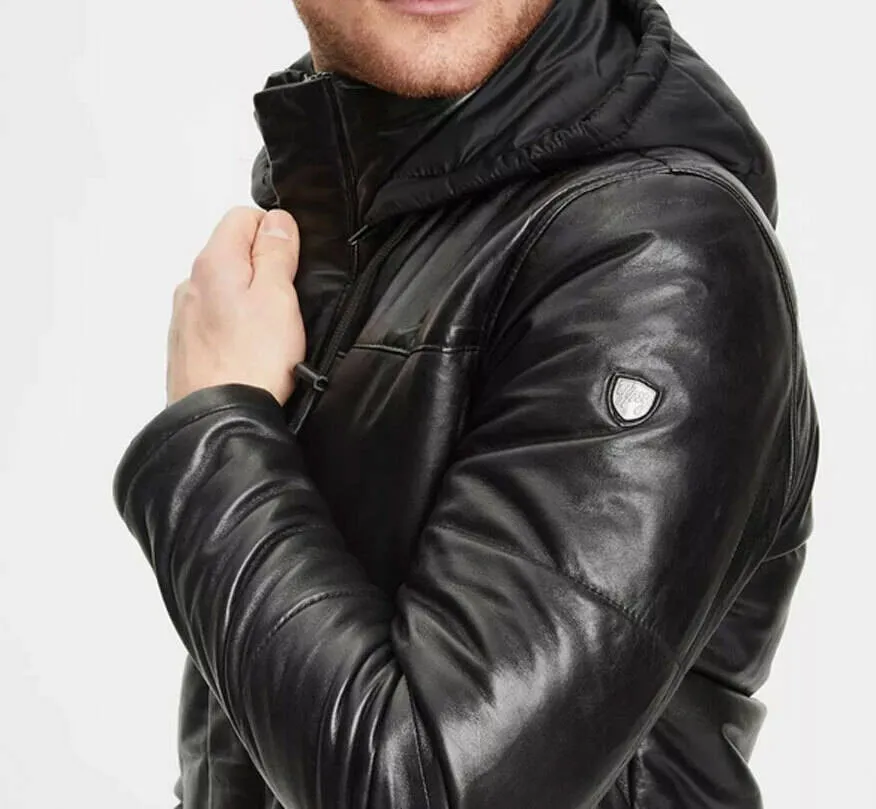 Men's Black Hooded Leather Down-Style Jacket.