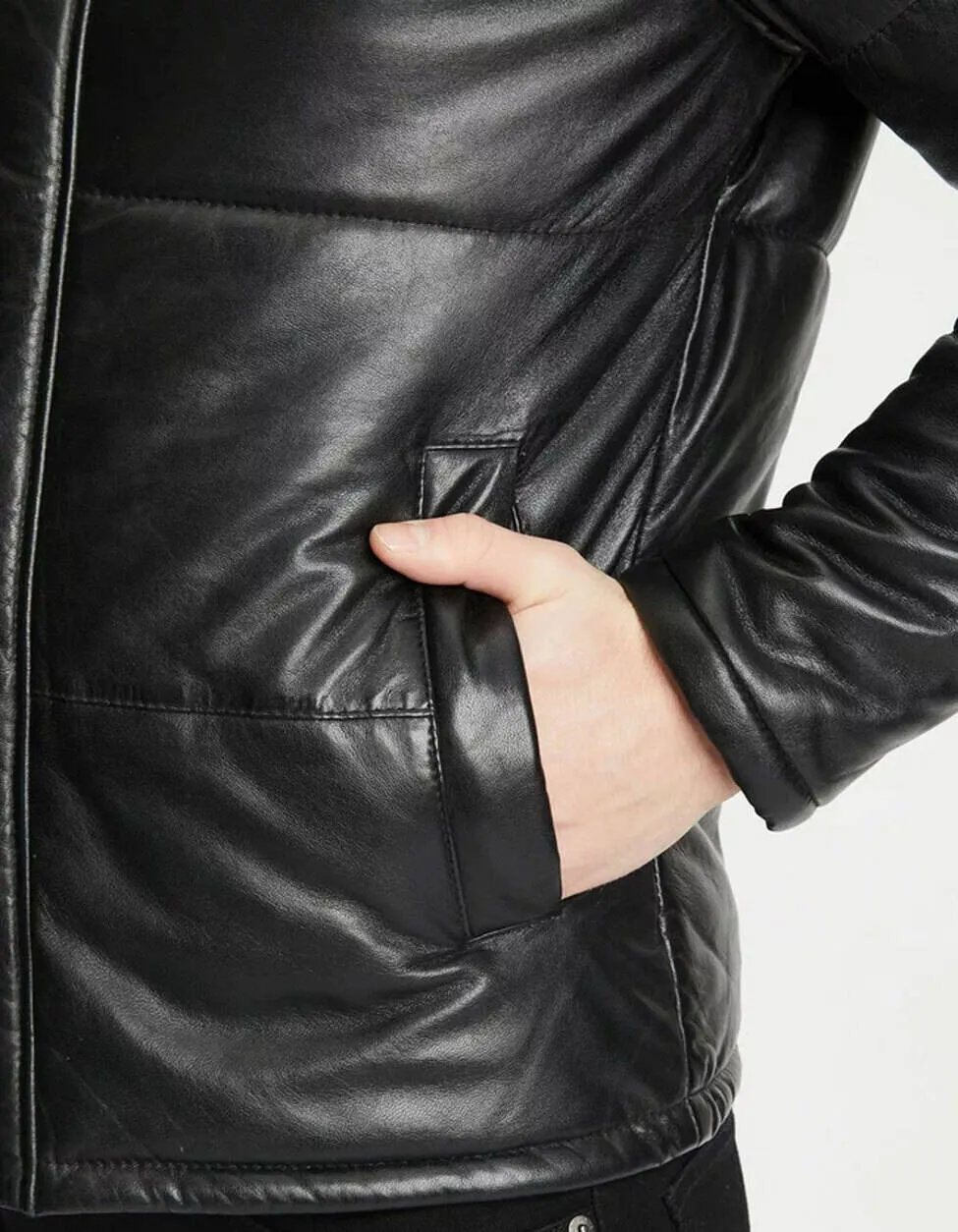 Men's Black Hooded Leather Down-Style Jacket.