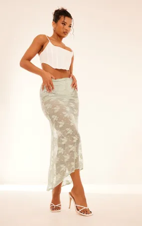 Mint Printed Lace Maxi Skirt with Scarf-Style Hem and Attached Shorts