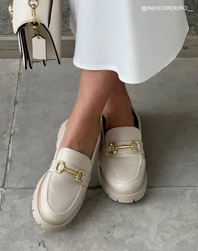 Beige Women's Moccasins with Gold Detail