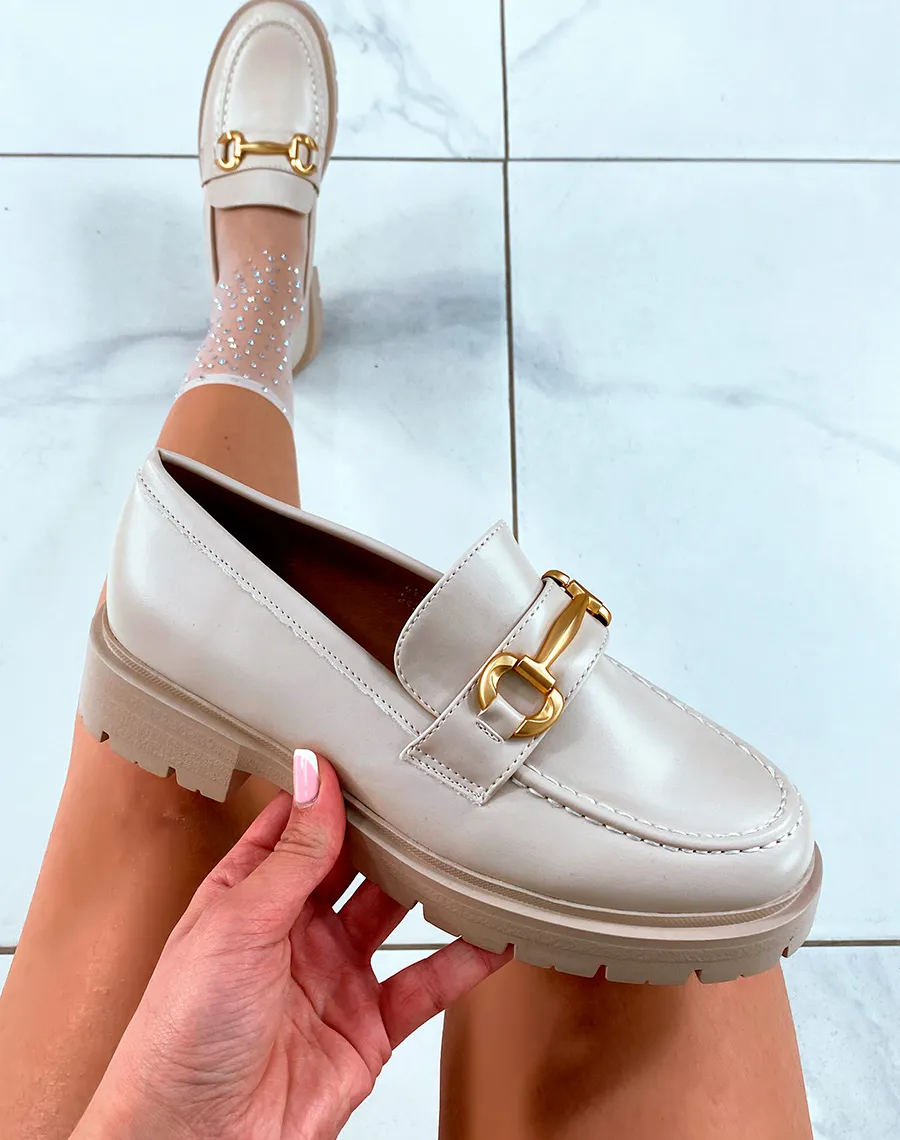 Beige Women's Moccasins with Gold Detail