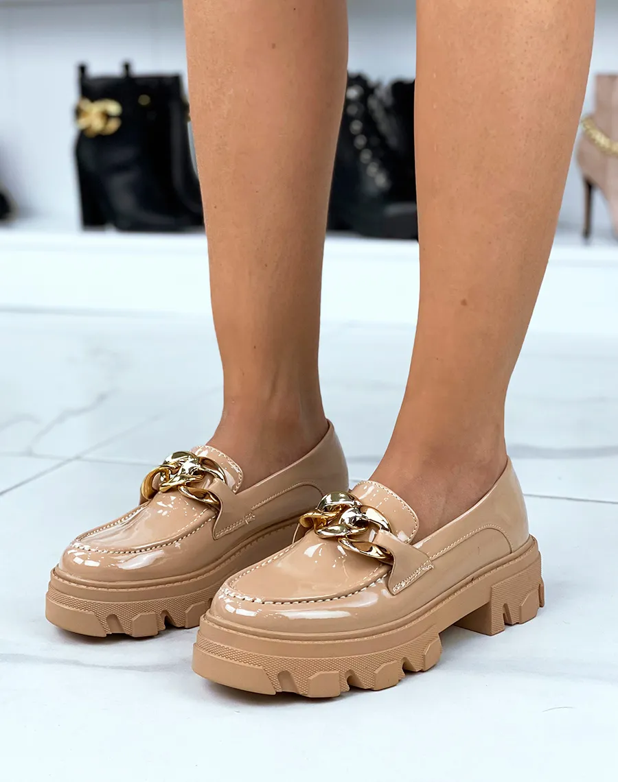 Beige Patent Loafers with Thick Soles and Gold Chain.