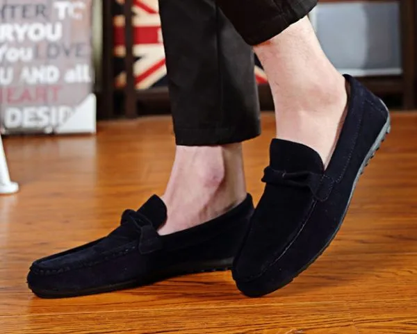 Suede loafers with textile bit for men.