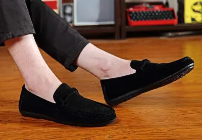 Suede loafers with textile bit for men.