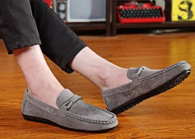 Suede loafers with textile bit for men.