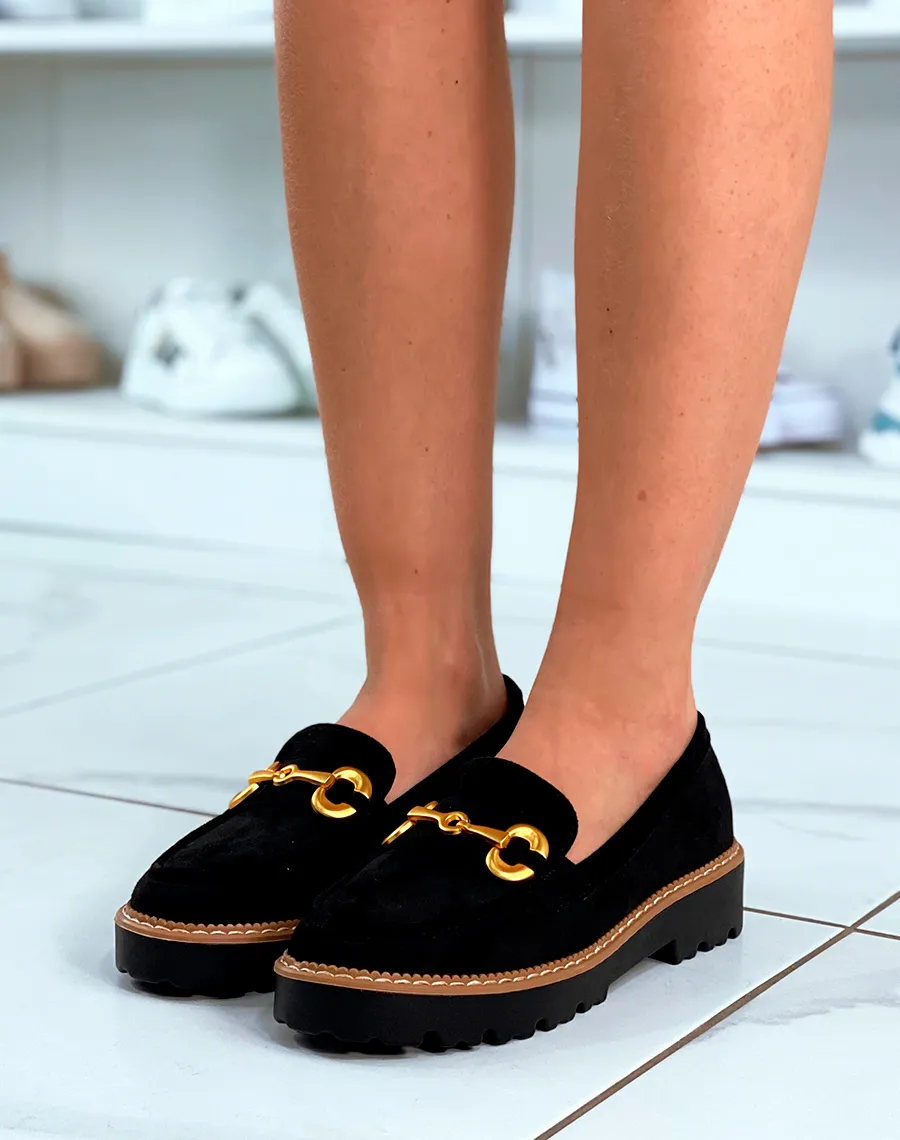 Black Faux Suede Moccasins with Matte Gold Detail - Shop Now.