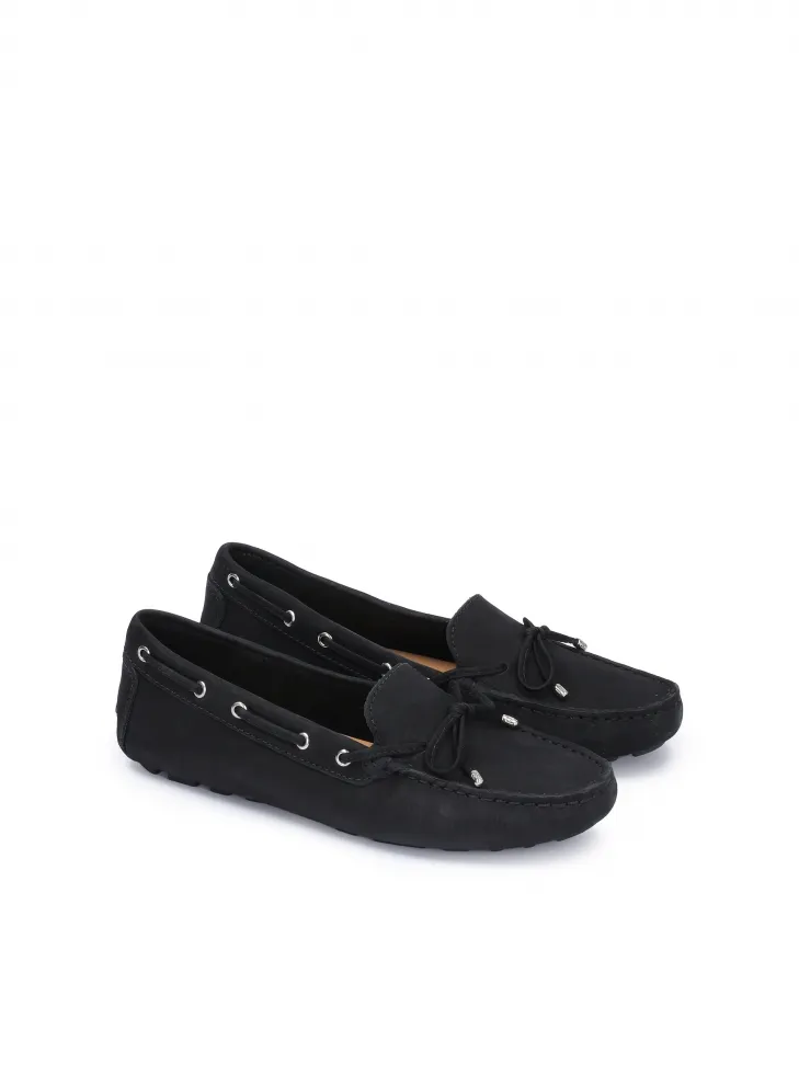 Mocassins femmes nubuck noir cordon cuir