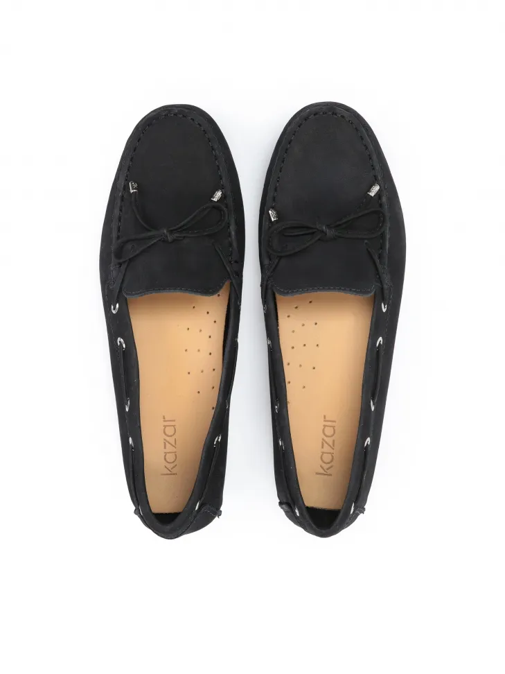 Mocassins femmes nubuck noir cordon cuir