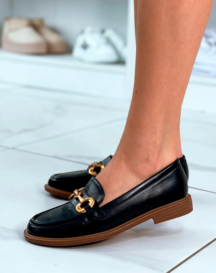 Black Matte Moccasins with Brown Sole and Gold Detail for Women