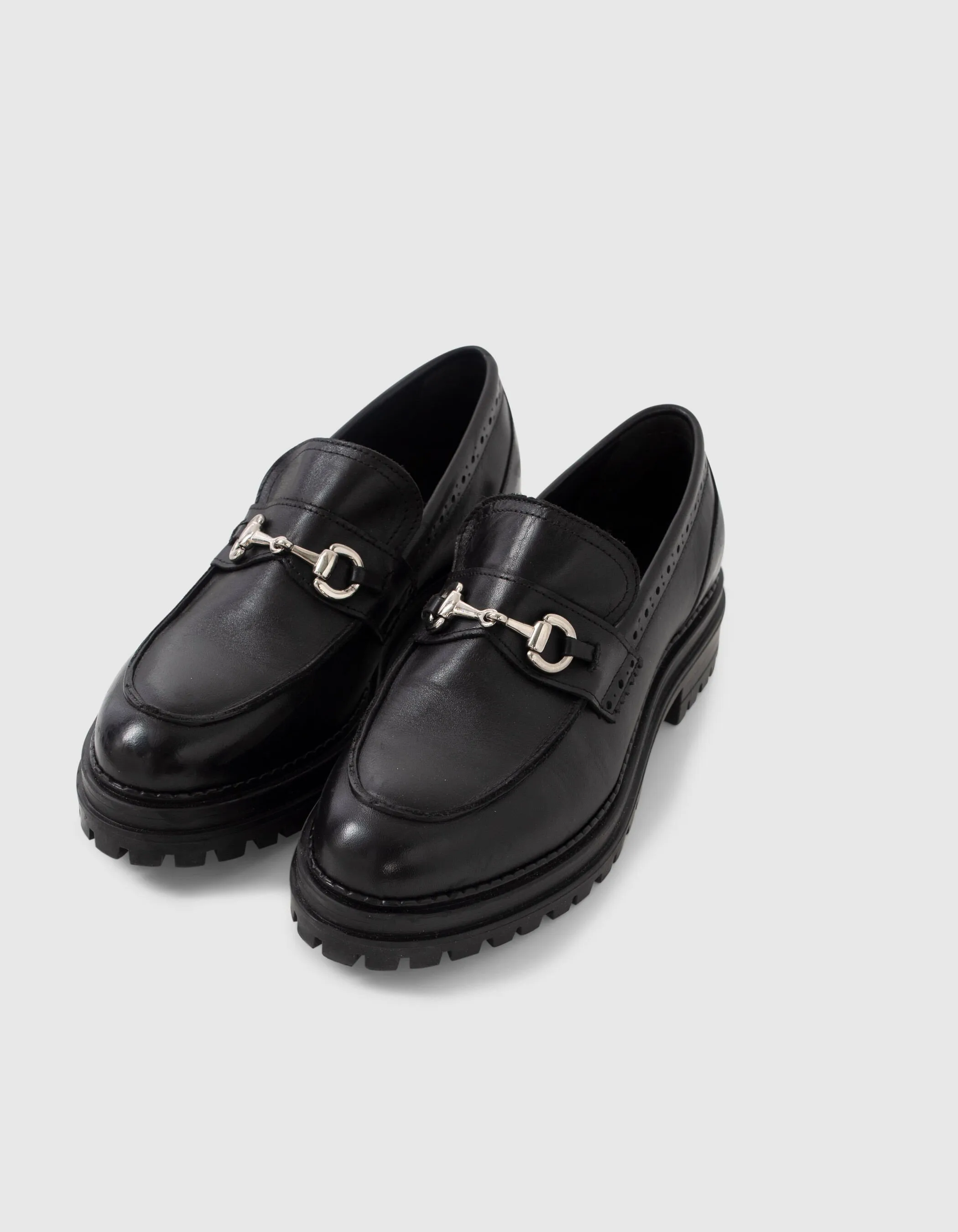 Black Leather Lug Sole Women's Loafers