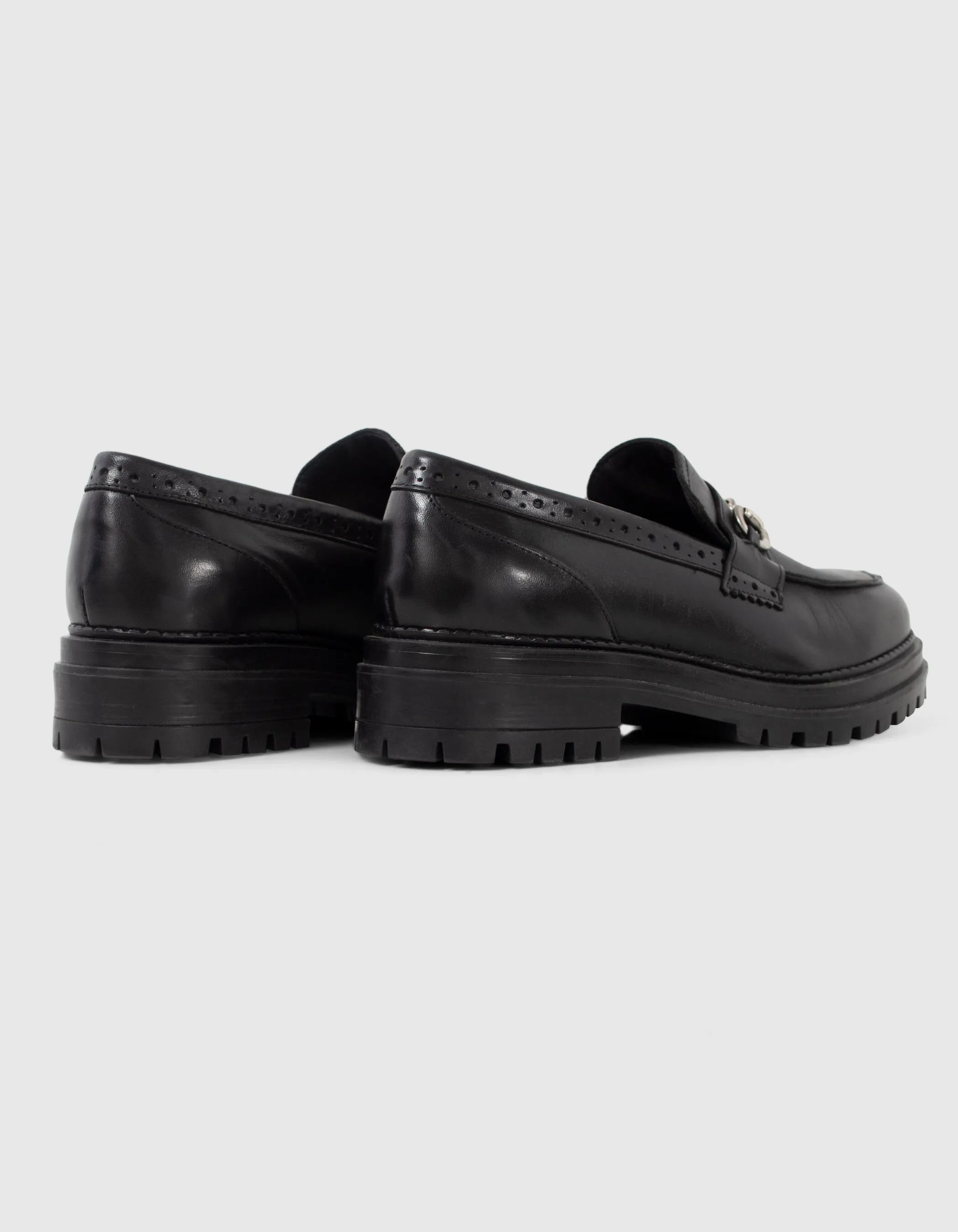 Black Leather Lug Sole Women's Loafers