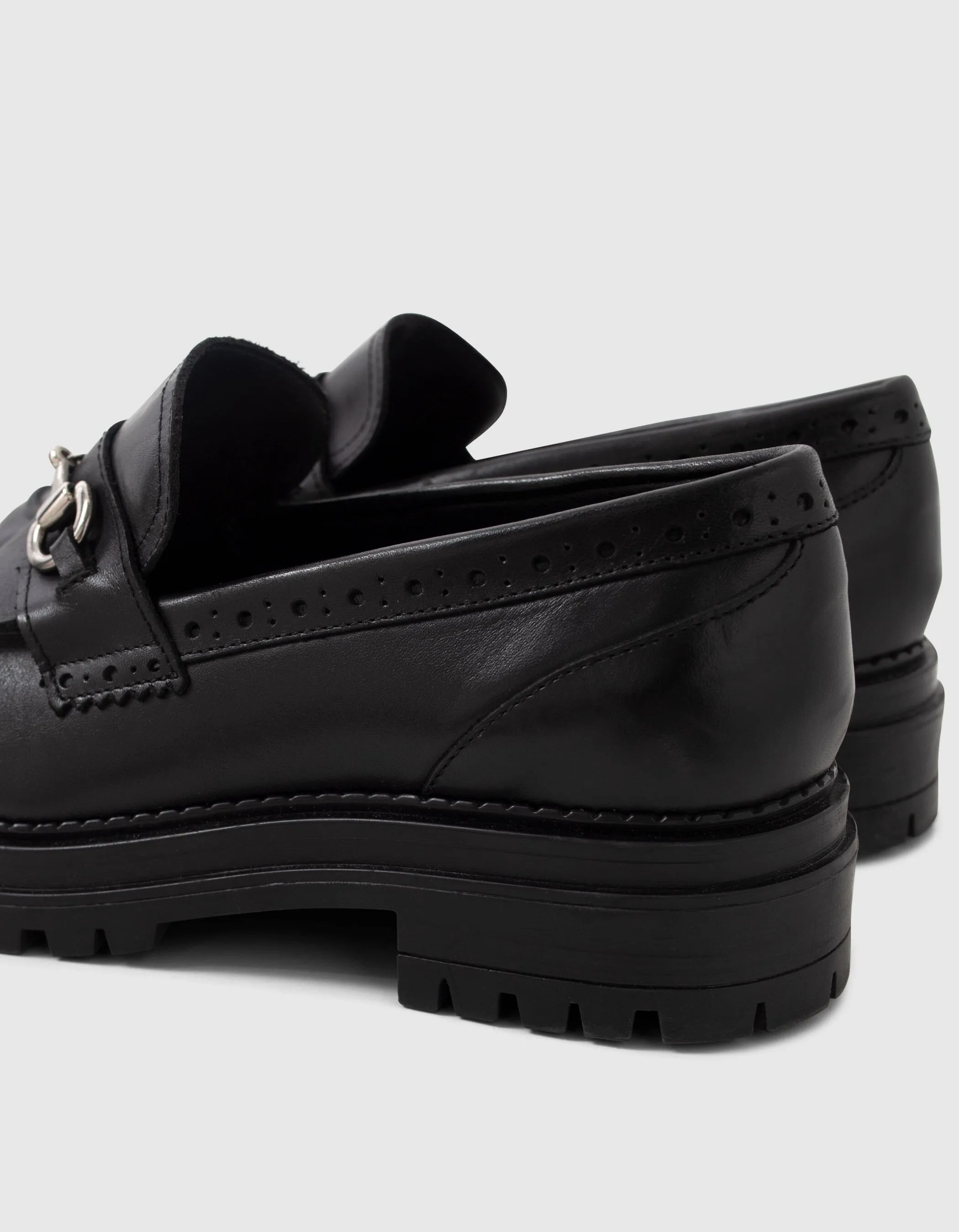 Black Leather Lug Sole Women's Loafers