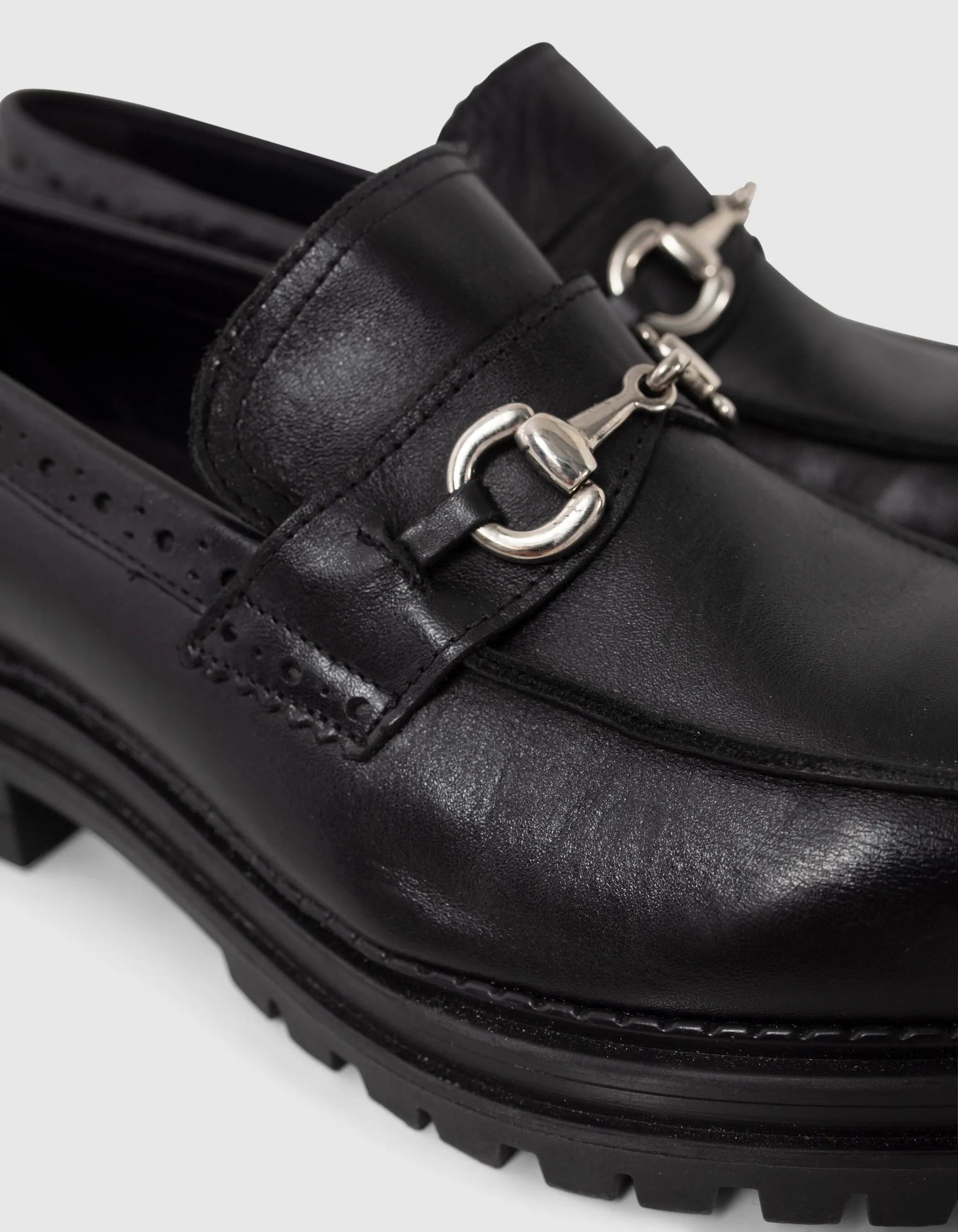 Black Leather Lug Sole Women's Loafers